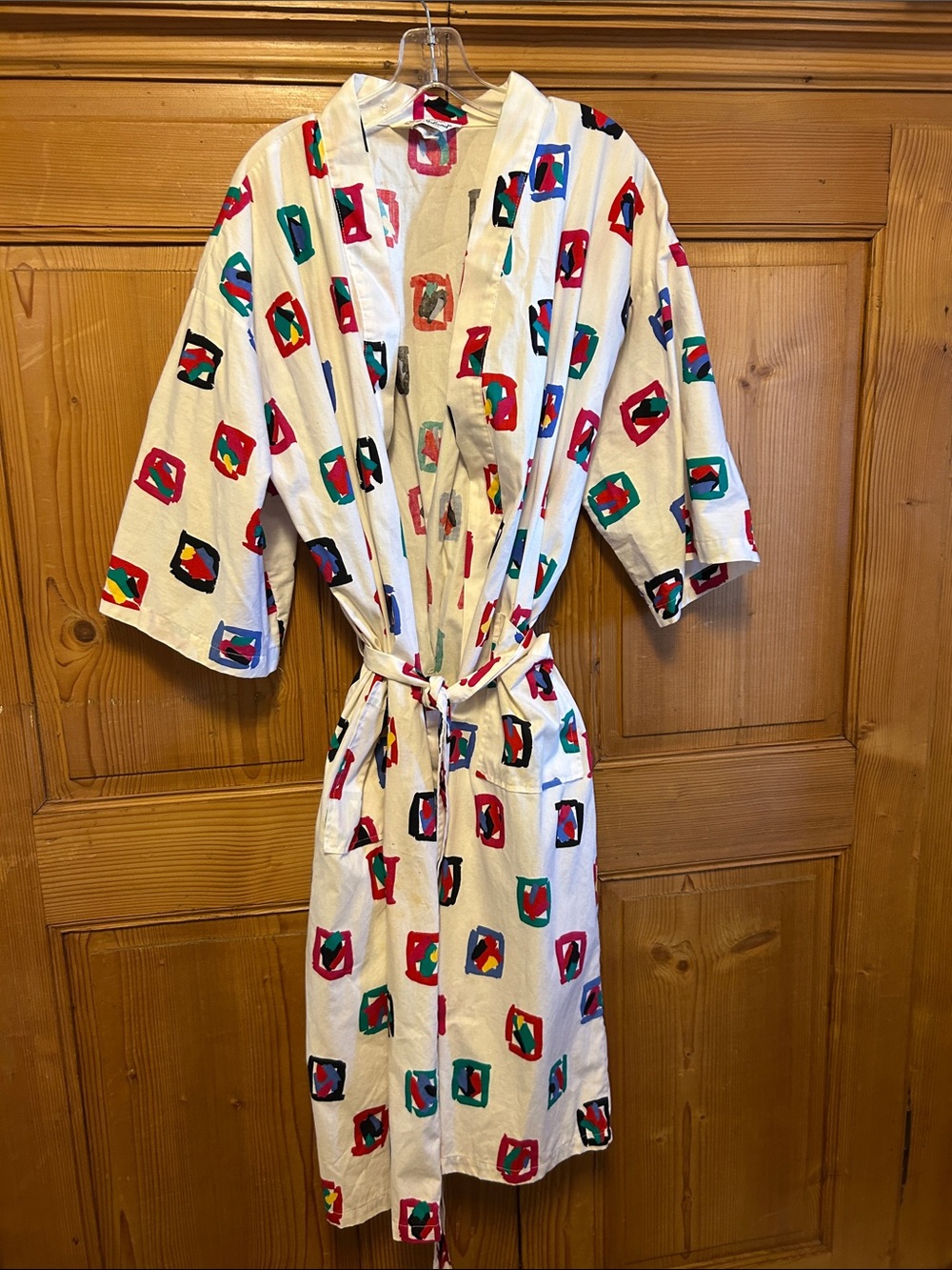 Vintage 80s Loungewear by Sea Island White Patterned Cotton Robe Bright Print OS